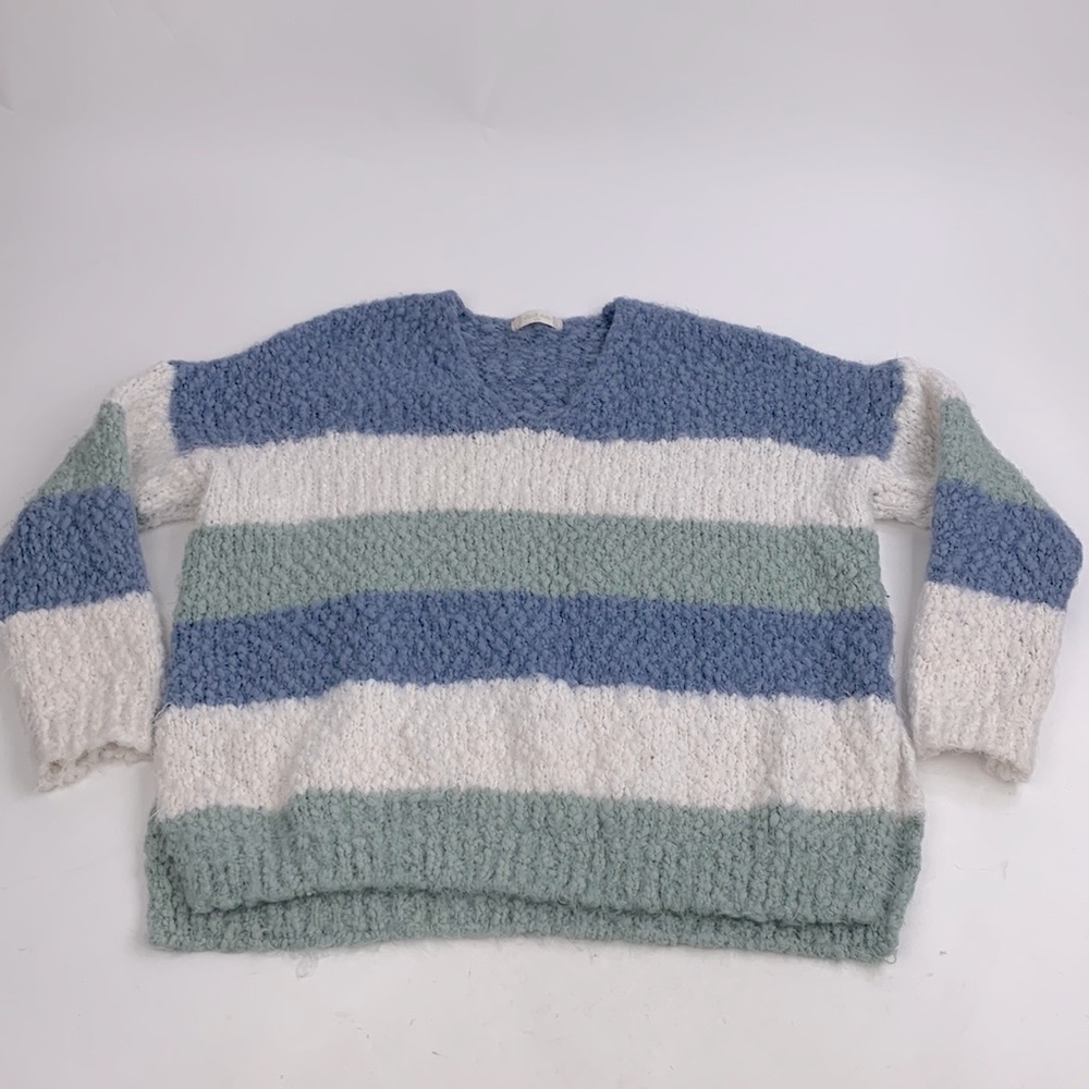 Altar’d State V Neck Soft Stripe Crop Sweater Creme Blue S/Medium